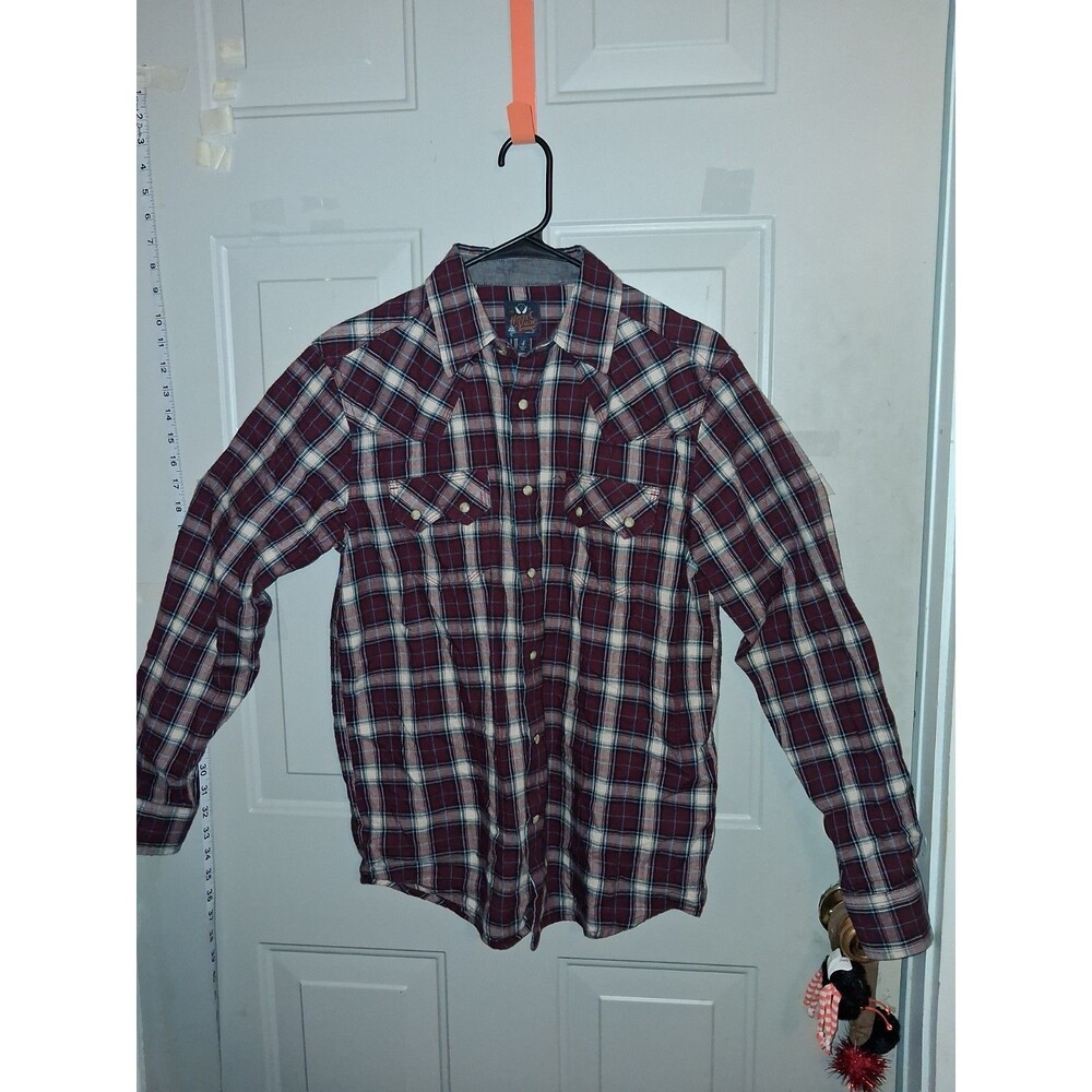 Moonshine Spirit Brad Paisley Western Pearl Snap Shirt Mens Small Burgundy Plaid